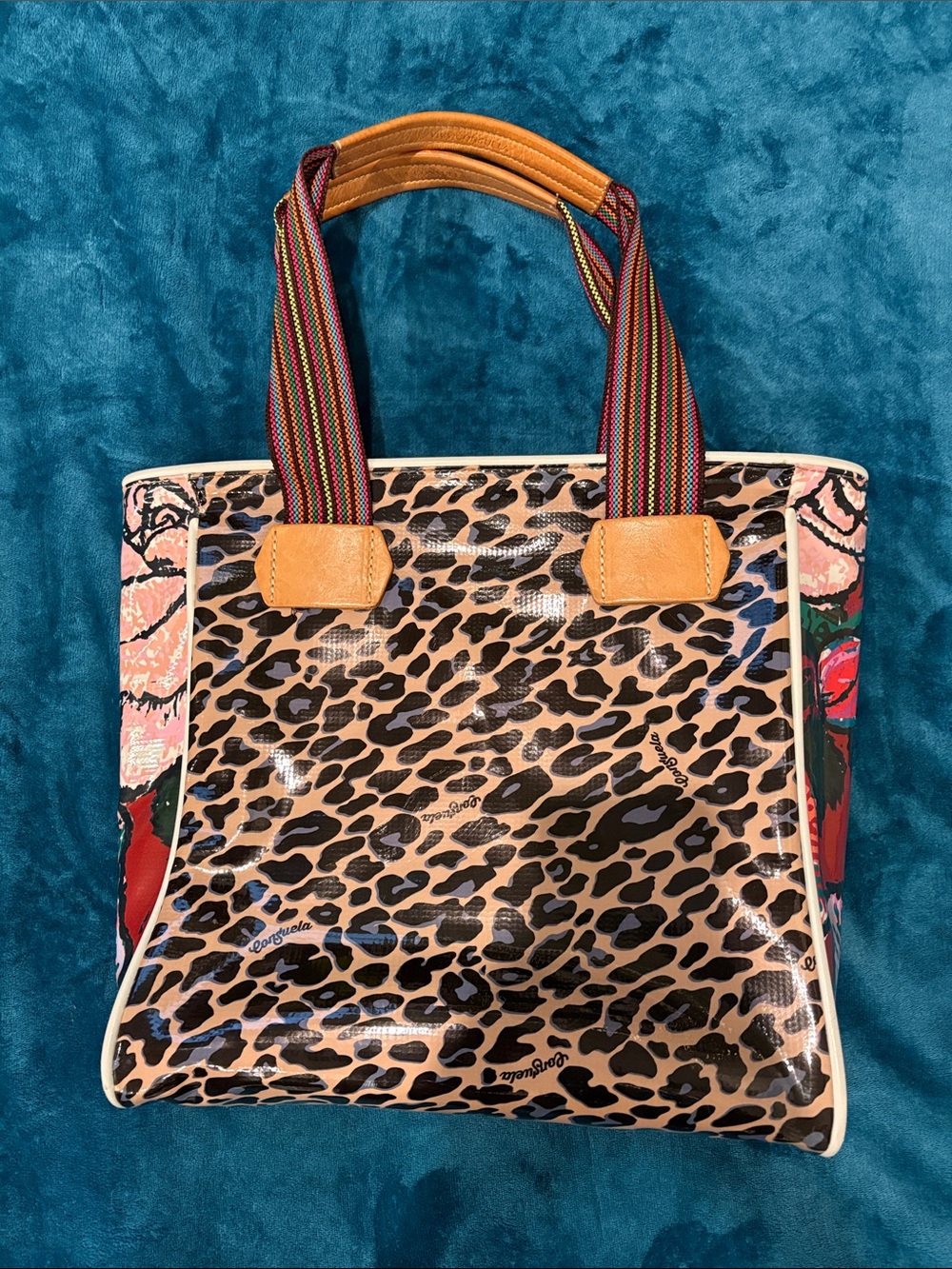 Consuela Classic Leopard Print Tote with Striped Handles in Pink, Black, Tan